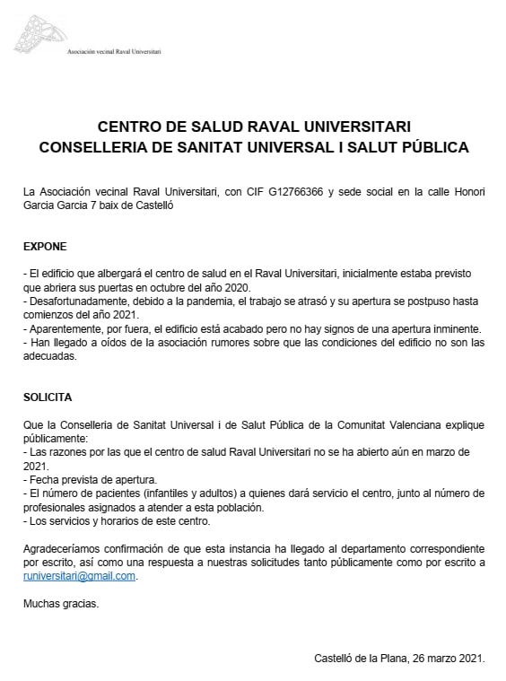 RUniversitari's tweet photo. Les veïnes i veïns de @RUniversitari
 volem informació sobre el nou centre de salut. Per què no està ja en funcionament?
@anabarcelochico @ESebastin1 @Isabelgranero2 @epmediterraneo @OCR_Castellon 
Hem enviat aquesta instància: https://t.co/FVpnWpNyF0