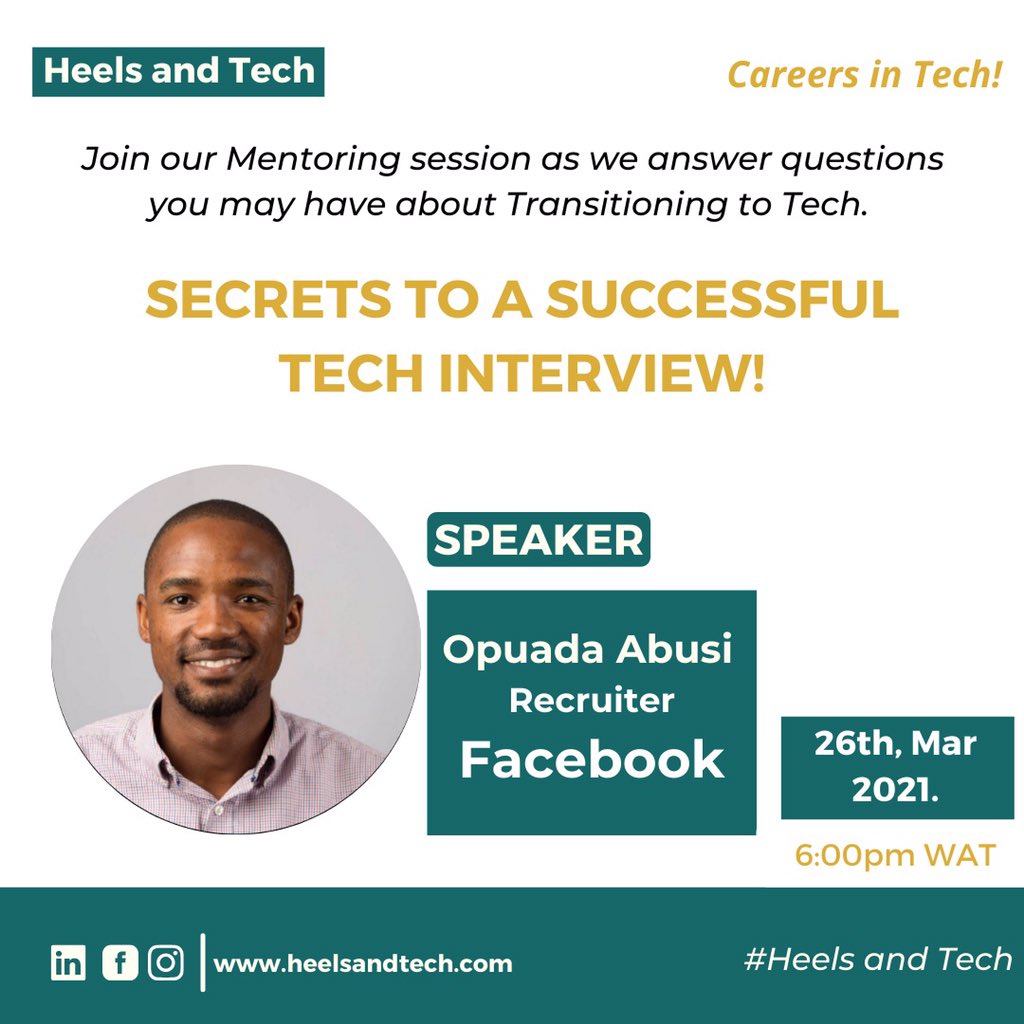 heelsandtech's tweet photo. FREE UP YOUR SCHEDULE!! ๐๐พ๐๐พ๐๐พ
.
.
Today we go fishing on what it takes to have a successful tech interview. See you soon at 6pm WAT.
.
.
#heelsandtech #careersintech #techcareers #techcourses #coursesintech #salesforceadministrators #salesforce #personalbranding https://t.co/R7lX2NE62i