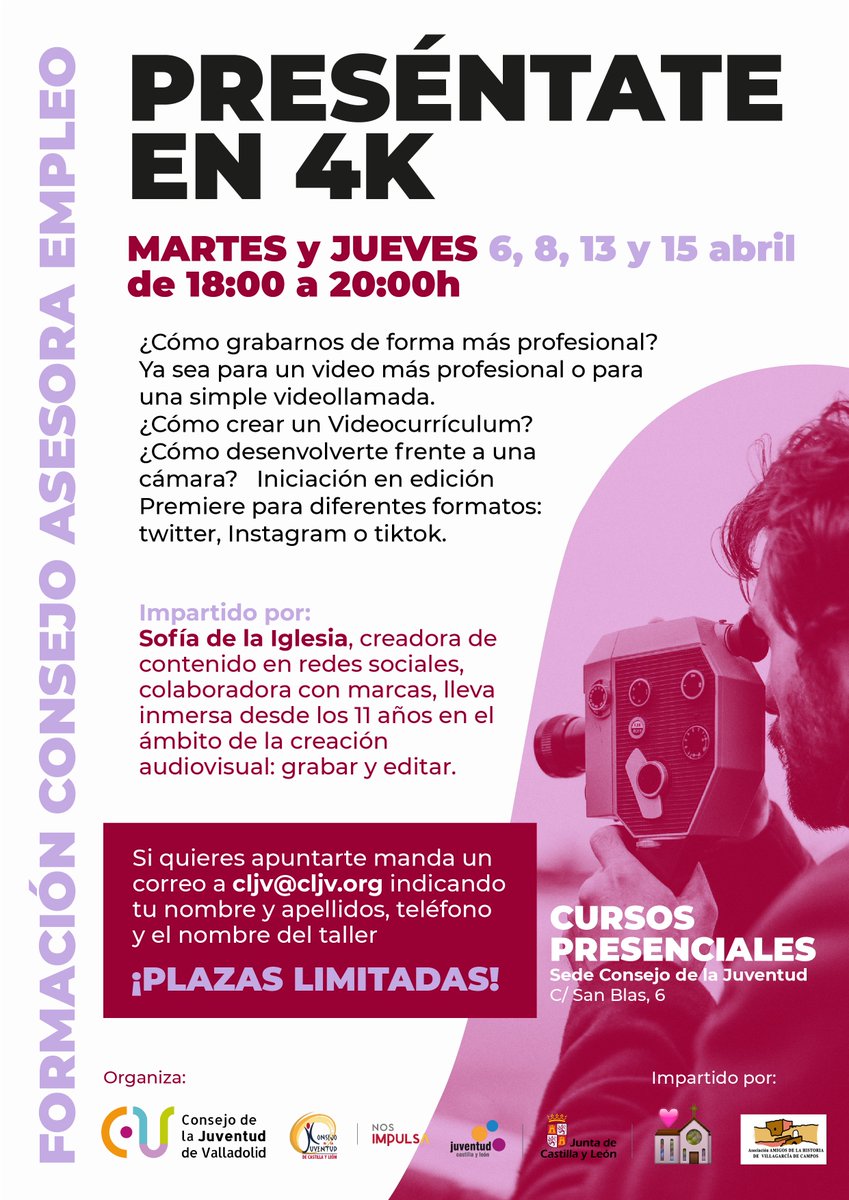 cljvalladolid's tweet photo. ¡PRESÉNTATE EN 4K! 🎥 Os traemos estos talleres para mejorar vuestro perfil profesional y habilidades audiovisuales.

📩Para apuntarte manda un correo a cljv@cljv.org con tu nombre y apellidos, nº de teléfono y el nombre del taller ¡No te lo pierdas! 😉

#cljv #asesoraempleo #4k https://t.co/hthes9bLXo