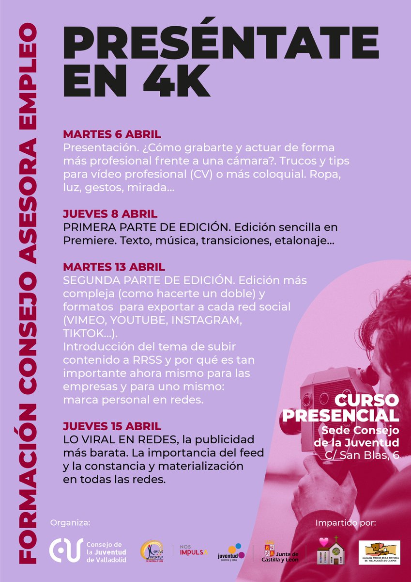 cljvalladolid's tweet photo. ¡PRESÉNTATE EN 4K! 🎥 Os traemos estos talleres para mejorar vuestro perfil profesional y habilidades audiovisuales.

📩Para apuntarte manda un correo a cljv@cljv.org con tu nombre y apellidos, nº de teléfono y el nombre del taller ¡No te lo pierdas! 😉

#cljv #asesoraempleo #4k https://t.co/hthes9bLXo