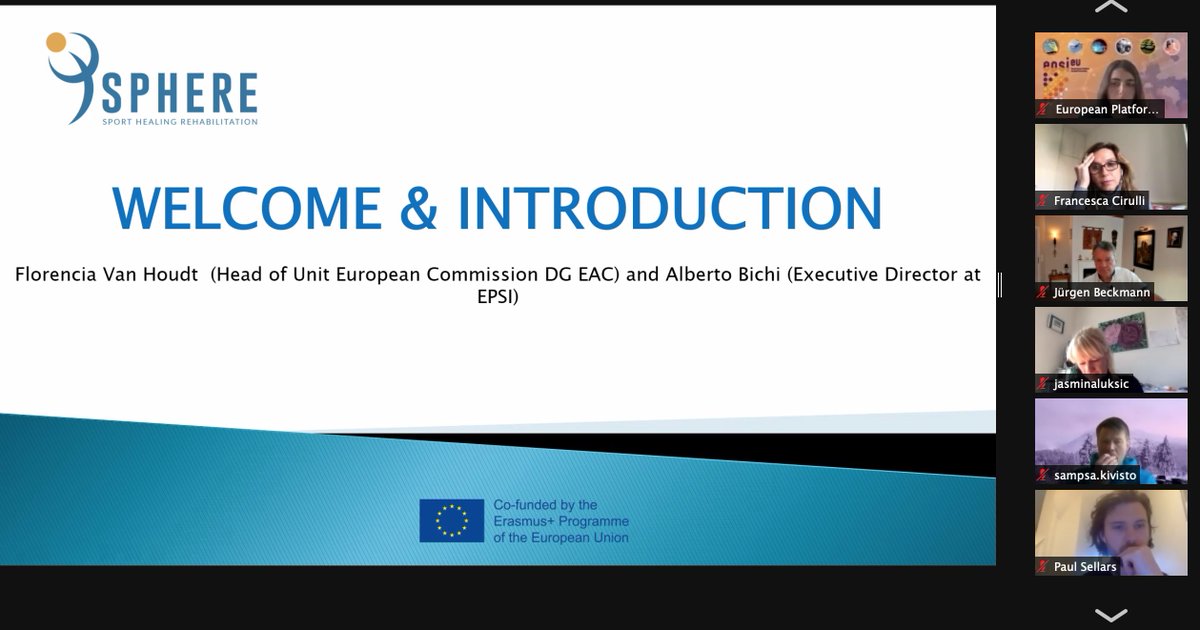 Here we are! Final conference of <a href="/EUErasmusPlus/">Erasmus+</a> <a href="/EuSport/">EUSport</a> #SphereEU: we are glad to have Ms Florencia Van Houdt with us in this #webinar on the importance of #sport for #mentalhealth.