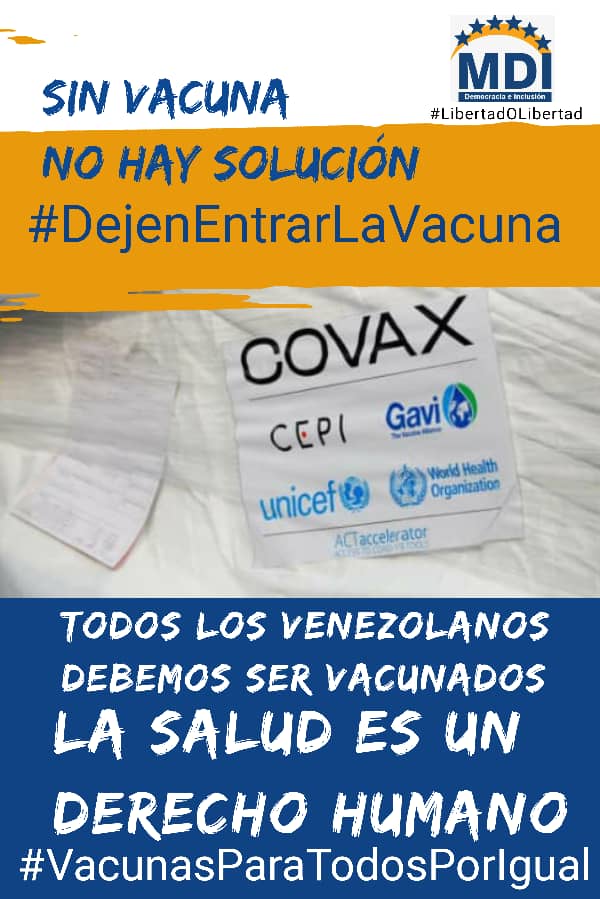 mdi_venezuela's tweet photo. Queremos que dejen entrar la vacuna 💉

📢Los intereses políticos no pueden estar por encima de la salvación de millones de venezolanos que aún esperan ser inmunizados https://t.co/6oG0v4IYIH