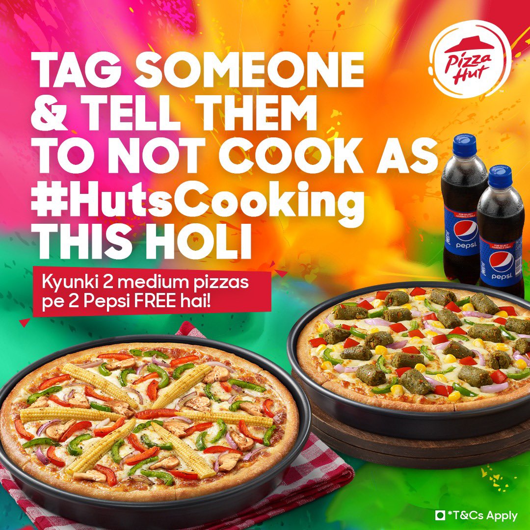 #ContestAlert​
Tag &amp; remind someone to not cook &amp; if they respond with “I will just Pizza Hut”, you win our Holi meal for FREE 🍕
.
T&amp;C Apply* ​
-Make sure you've liked the page​
-Few lucky winners will win vouchers worth Rs. 1000 each​
-Winners to be announced on the 30th March