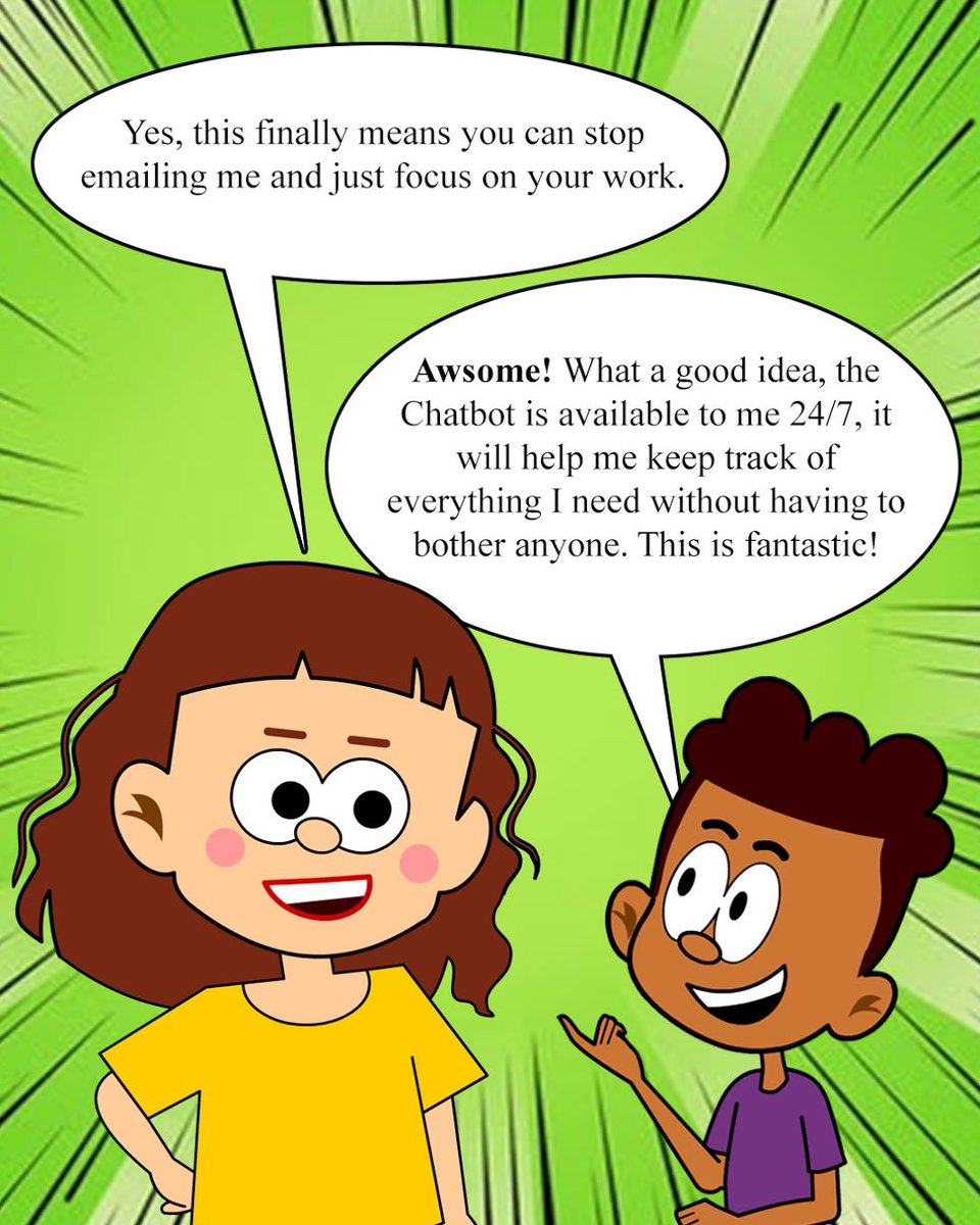Edkairos1's tweet photo. Happy Friday! Check Out Our Comic About #chatbots Below And Head To Our Website To Learn More. You Won’t Regret It. #fridaymorning #friday #edtech #ad #goodmorning #friday #SpringIsComing #springbreak2021 #spring #linkinbio #PurpleDay https://t.co/S9DcRnwF8V