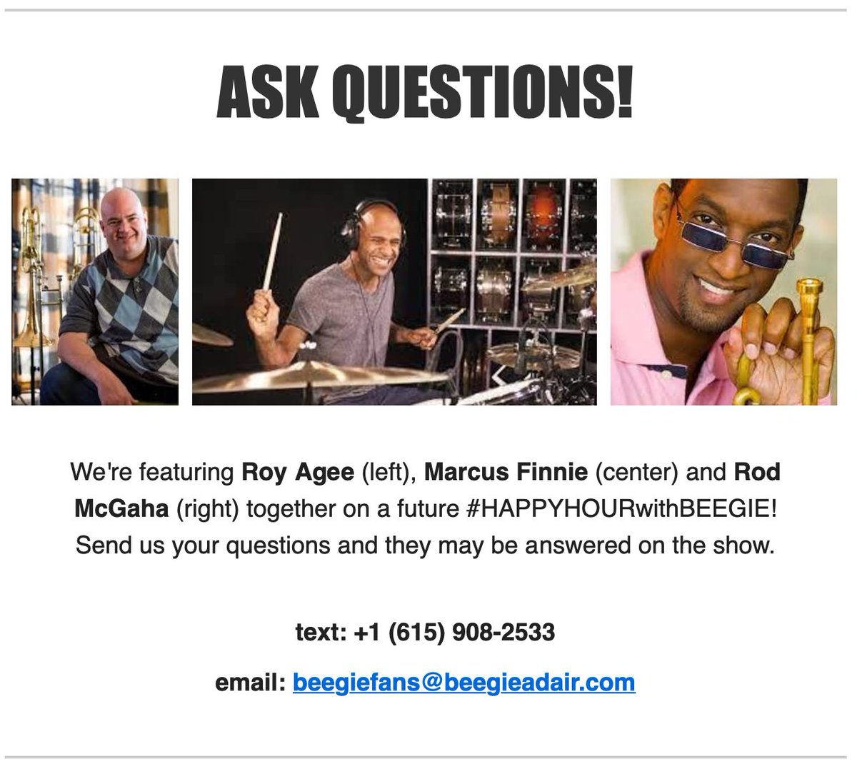 BeegieAdair's tweet photo. #MonicaRamey #RogerSpencer, #GeorgeTidwell and I are all excited to be filming a #HAPPYHOURwithBEEGIE tonight with our friends #RoyAgee, #MarcusFinnie and #RodMcGaha later this week.  Send us questions for any of us and we might answer them on the show! https://t.co/zLYBxF4HV0