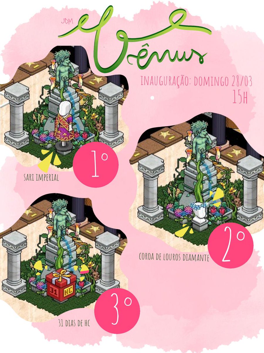 Você está convidado para a estréia oficial do 🌟JDM Vênus🌟

Serão 3 rodadas com prêmios exclusivos! 💸
 
➡️1° rodada - HC 31 dias
➡️2° rodada - Louros Diamante
➡️3° rodada - Sari Imperial

Vai ficar de fora dessa!? 😳

É dia 28/03 (domingo) a partir das 15H 🕐

Nos vemos lá!😙