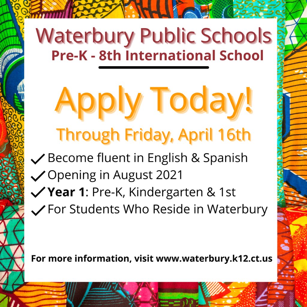 WaterburySchool's tweet photo. Happy Friday!

The much anticipated WPS International School is opening this fall! We hope you will apply and share this wonderful opportunity with others.

NOW ACCEPTING APPLICATIONS FOR PRE-K, KINDERGARTEN AND FIRST GRADE!

TO APPLY, CLICK HERE ➡️: https://t.co/5qoYzb7Flh https://t.co/5SojiG1xTd