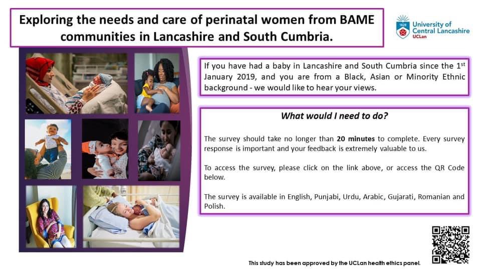 <a href="/ELHT_NHS/">East Lancashire Hospitals NHS Trust 💙</a> <a href="/WomenNewborn/">Lancashire Women & Newborn Centre</a> <a href="/HealthierLSC/">LSC Integrated Care Partnership</a> <a href="/gill_thomson/">Gill</a> <a href="/sheena_byrom/">💕Sheena Byrom she/her 💕</a> <a href="/springnorthHQ/">Spring North</a> <a href="/BlackburnBirth/">BlackburnBirthCentre</a> <a href="/LancsHospitals/">Chorley & Royal Preston</a> share our survey with new mothers from ethnic minority communities
uclan.eu.qualtrics.com/jfe/form/SV_0v… (in Punjabi, Urdu, Arabic, Gujarati, Romanian, Polish and English)