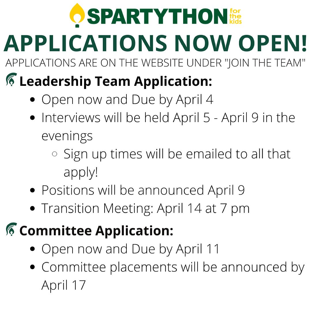 APPLICATIONS ARE NOW OPEN! 
Click the “JOIN THE TEAM” link on our website or linktree to apply for EBOARD and committee💚 

For the kids! 
#spartython #spartython2022