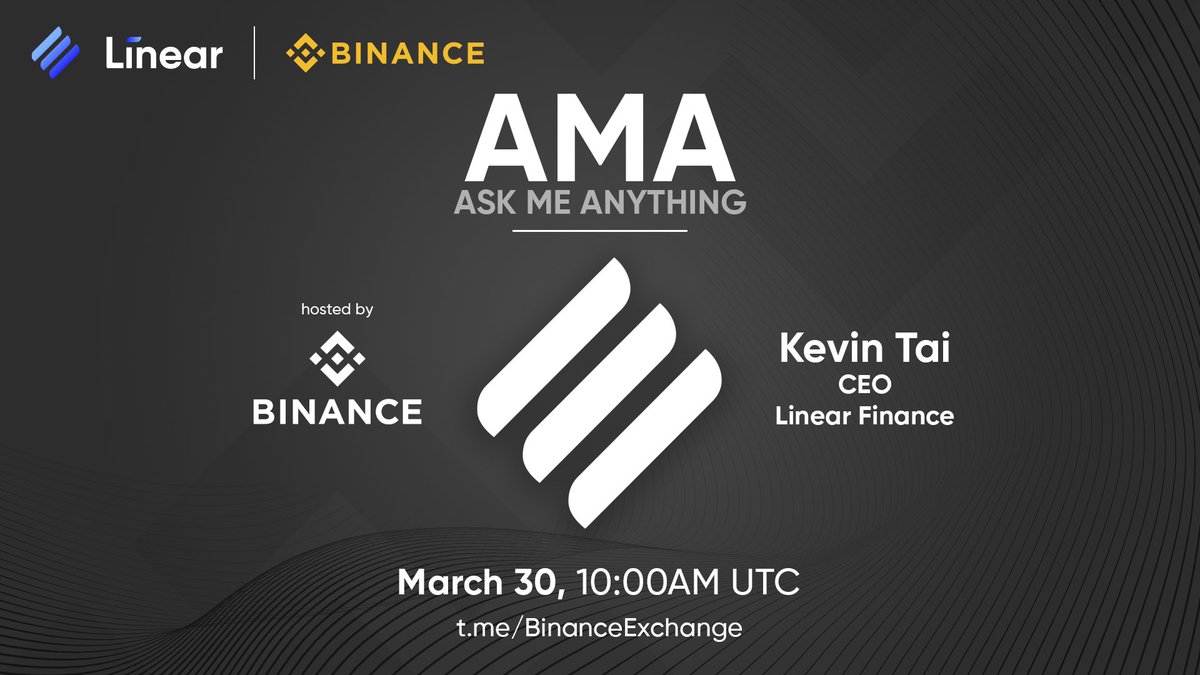 LinearFinance's tweet photo. Join us on 30/03/2021 at 10:00 AM UTC for an AMA with @binance where @Kevin_Linear will discuss all things Linear!!  

$3,000 in $LINA to be won on the day.

Location: https://t.co/a7YOL2dSoL

#LinearFinance #DeFi https://t.co/OWzzW2YLU5
