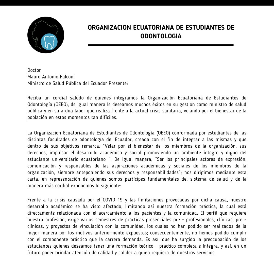 OEEO2020's tweet photo. 📌La OEEO realizó una petición a las autoridades para que los estudiantes de Odontología sean considerados dentro de plan de vacunación contra el COVID-19 lo más rápido posible, además está dispuesta a colaborar y brindar el apoyo para concretar su inmunización. https://t.co/MB0VYMhbnF