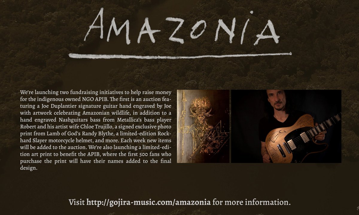 GojiraMusic's tweet photo. We’re launching two fundraising initiatives to help raise money for the indigenous owned NGO APIB.

Visit https://t.co/gpWOVPKxfr for more information.
#Amazonia #Gojira #fundraising #apib https://t.co/RV8Xup5sjt