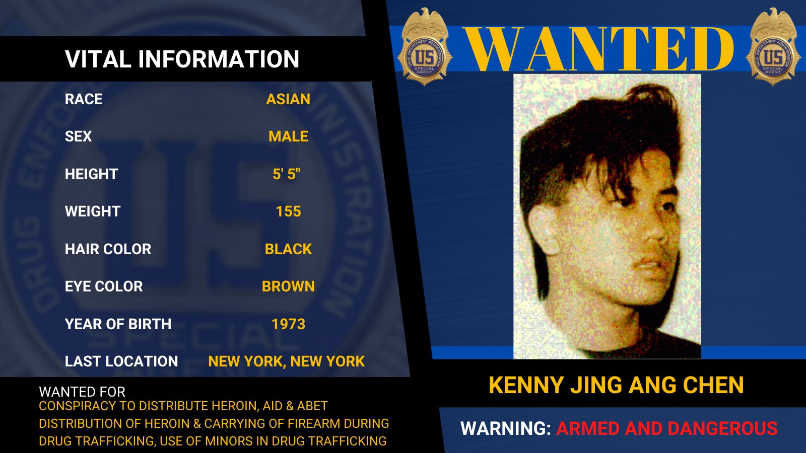DEA HQ on X: #FugitiveFriday: @DEAWashingtonDC is looking for Kenny Jing  Ang Chen. Wanted for conspiracy to distribute + aid & abet #Heroin,  carrying of firearm & use of minors in drug