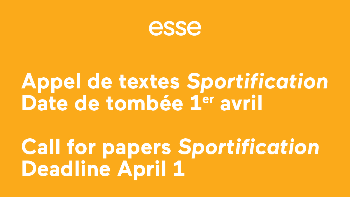 revue_esse's tweet photo. L’appel de textes « Sportification » arrive à échéance sous peu ! https://t.co/ECXLt7Rb11
The call for papers "Sportification" ends soon! https://t.co/MpArPnA8Xw
#revueesse #magazine #appeldetextes #callforpapers #sportification #artcontemporain #contemporaryart https://t.co/NDo5005Sd8