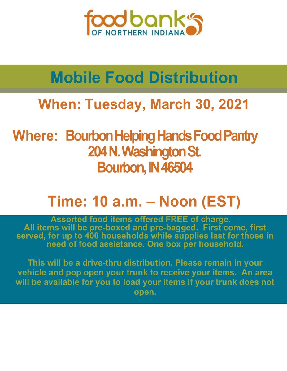 UWofMC's tweet photo. The next @FoodBkNIndiana mobile food distribution in Marshall County ➡️ 

WHEN: Tuesday, March 30, from 10am-noon
WHERE: Bourbon Helping Hands Food Pantry

Please contact the Marshall County Council on Aging if you need a ride to this event. #INThisTogether #LiveUNITED https://t.co/zwBqSmm2h5