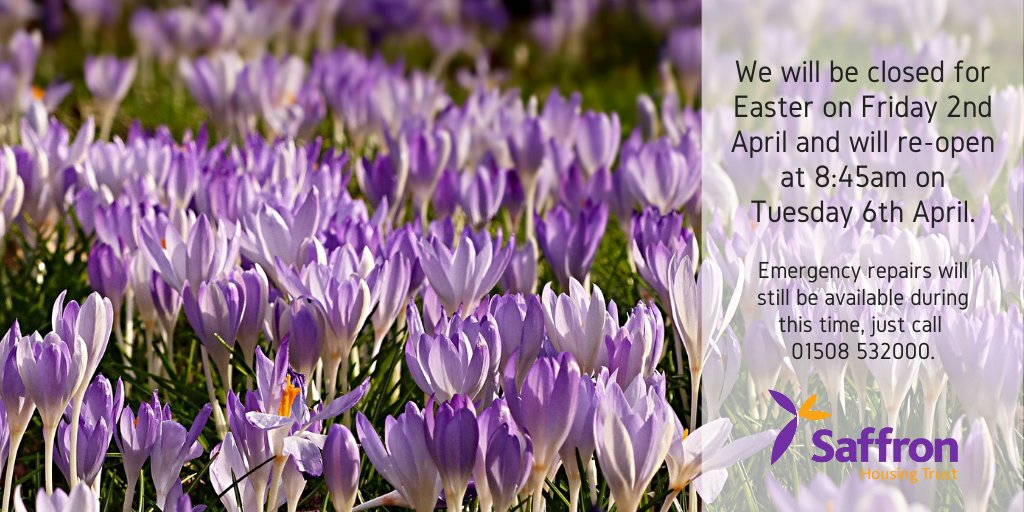SaffronHousing's tweet photo. Just a reminder of our hours over Easter. 🐣 #Easterscoming https://t.co/cg5EnM5hzX