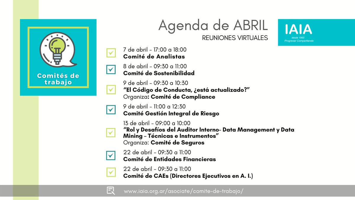 InstitutoIAIA's tweet photo. ➕ Sumate en abril a los Comités de trabajo del IAIA

📝 Para inscribirse entrá en https://t.co/mRqDG8lq68

#progresarcompartiendo #SoySocioIAIA #auditoriainterna #teamwork https://t.co/1HHLwcxZhl