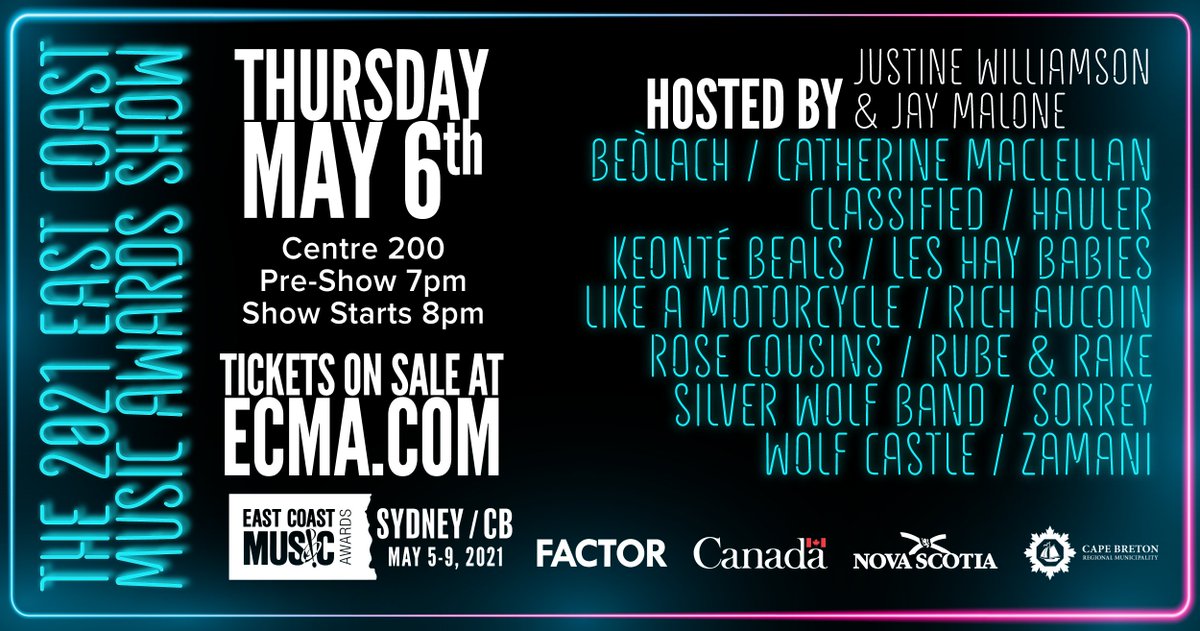 A SHOW!! We’re super excited to announce we’ll be performing LIVE at the 2021 @eastcoastmusic Awards Show in Sydney, Cape Breton on Thursday, May 6th at Centre 200. 

🎟Arena tickets on sale TODAY @ 12PM (AST): $40+fees.
👉 ecma.com