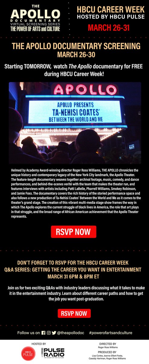 SHSJCHampton's tweet photo. Free Screening @theapollodoc starting today, March 26th! RSVP at https://t.co/9bT8cprQuQ #powerofartsandculture https://t.co/07aPfuqQwv