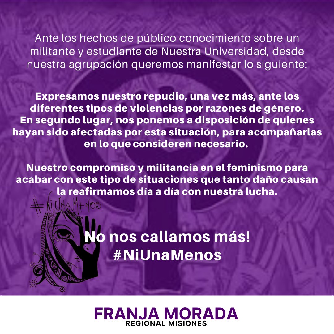 FranjaMisiones's tweet photo. COMUNICADO:
Ante los hechos de público conocimiento sobre un estudiante y militante de Nuestra Universidad,desde nuestra agrupación queremos manifestar lo siguiente:
Expresamos nuestro repudio, una vez más, ante los diferentes tipos de violencias por razones de género. https://t.co/IoRMXtImC9