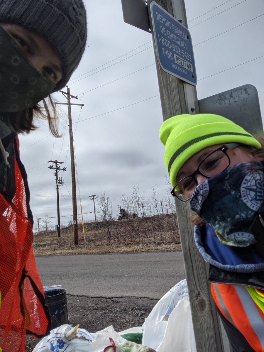 SuperiorESDPW's tweet photo. After the windy and rainy days like we had this week, the trash that was collected in the snow is revealed. Amanda and Megan clean up 68 pounds of trash at Environmental Services Division entrance!🌟Be a Water Superhero by protecting streams and Lake Superior from litter! 🦸‍♀️🦸‍♂️ https://t.co/dcRtLXMHuK