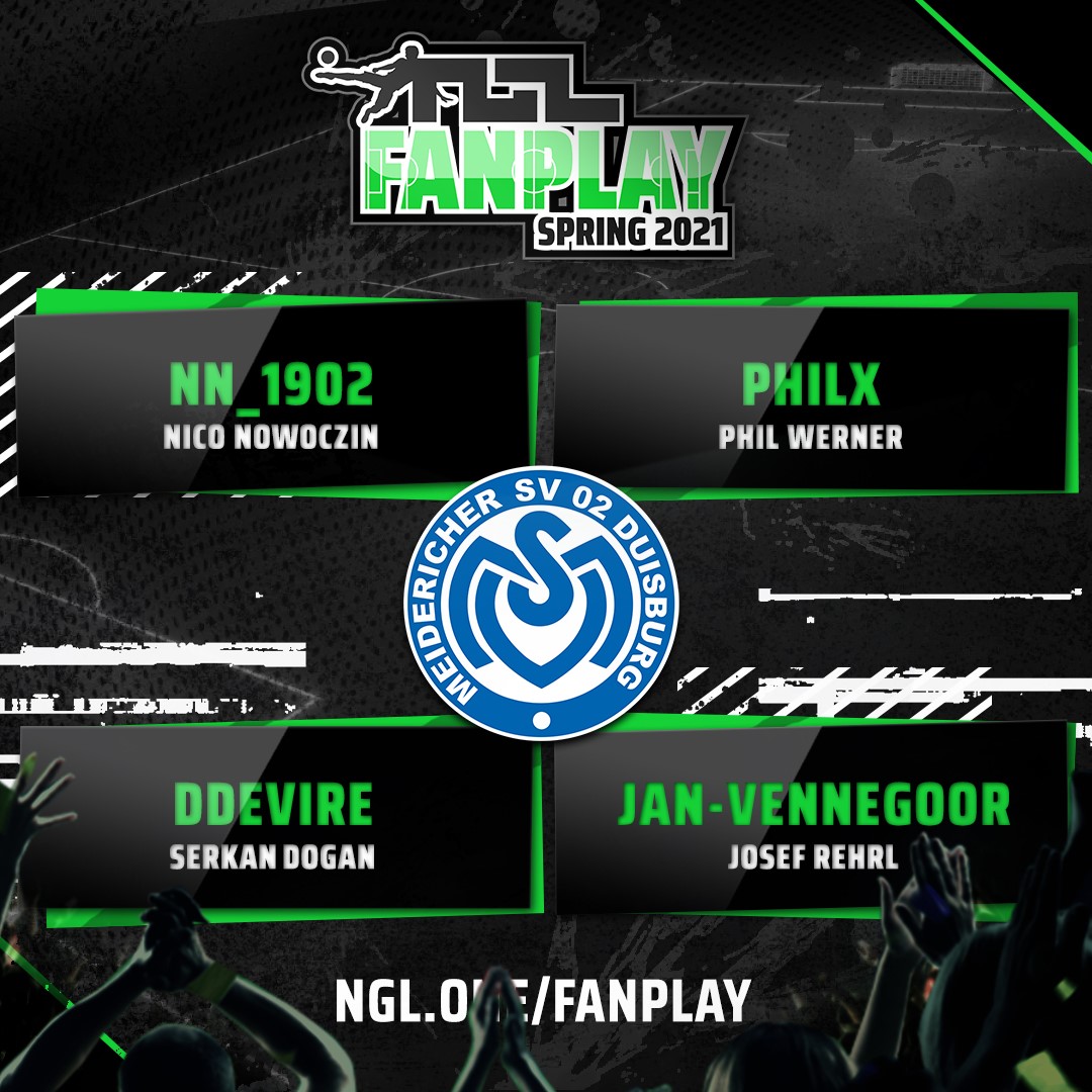 Das Finale des #NGLFanplay Spring 2021 steht an! Unsere Farben werden von NN_1902, PHILX, DDEVIRE und JAN-VENNEGOOR vertreten. Wir drücken den Jungs die Daumen. Unterstützt sie live im Stream heute ab 19 Uhr unter twitch.tv/ngl_esportde

<a href="/MSVDuisburg/">MSV Duisburg</a> <a href="/ngl_esport/">NGL.ONE</a>