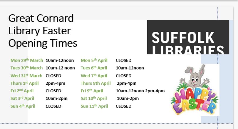 GCornardLibrary's tweet photo. Our Easter opening times here at Great Cornard Library #Easter2021 https://t.co/LPAQuxnWjG
