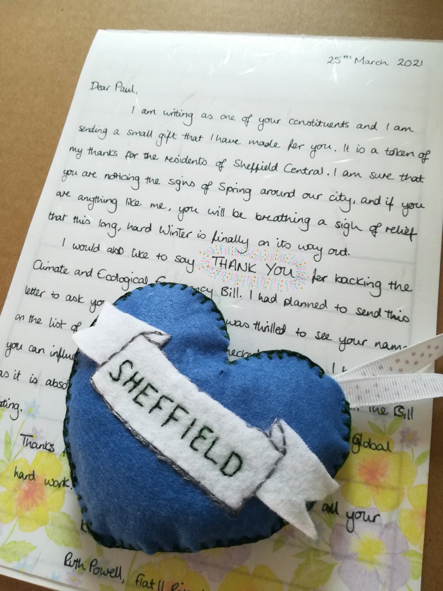 I sent my MP @PaulBlomfieldMP a small gift as thanks for backing the #CEEBill. I hope Paul can encourage the other SY MPs to back it too. @SheffCouncil @SheffCityRegion please pass a motion of support, together we can tackle the #ClimateEmergency!

#Craftivism
#NeverTooSmall
