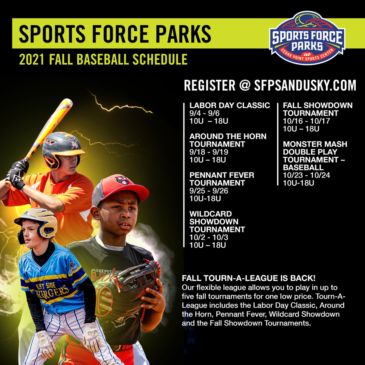 ‼️ Registration for our fall baseball ⚾ season is open! Tourn-A-League is back! Play in up to 5 tournaments for one price! #SFPSports #17Baseball #Play17 ✍️ Sign up today! bit.ly/SFPSBBaseball