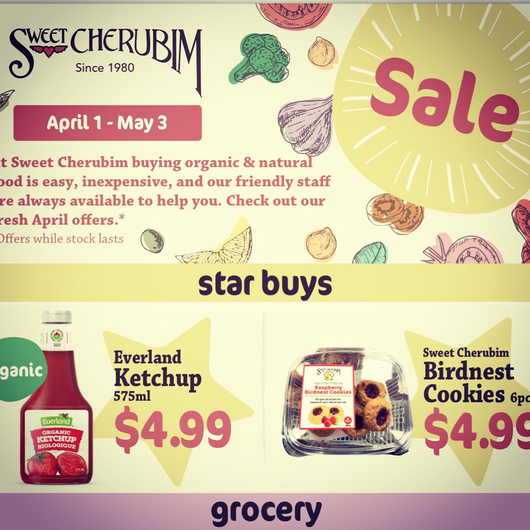 SWEETCHERUBIM's tweet photo. Here is a sneak preview of our April Flyer. 
We have great specials courtesy of our local partner suppliers @SWEETCHERUBIM @EVERLANDFOODS @jiva_organics @Blissballs @tajmahalfoods   #food #plantbased #vegan #healthyeating #glutenfree https://t.co/HlrgZysS4j