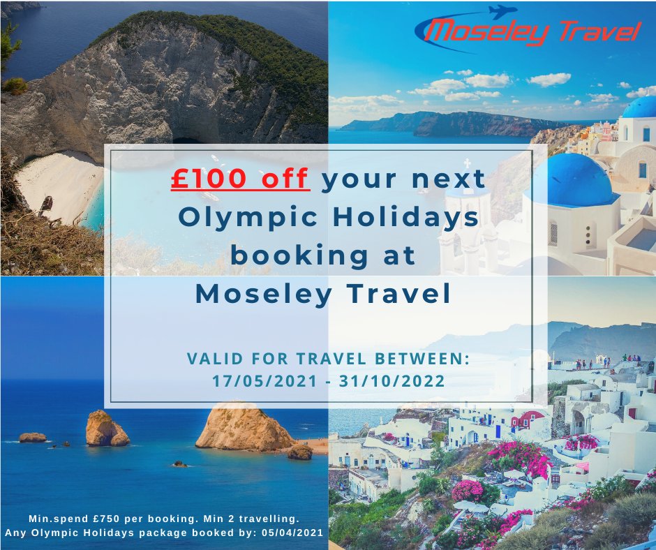MoseleyTravel's tweet photo. ☀️🌴 £100 OFF your next Olympic Holidays package holiday booked at Moseley Travel! 🌴☀️
 
⭐ Discount: £100 per booking. Minimum spend: £750 per booking. Minimum of 2 people travelling.
💥 Valid on any Olympic Holidays package booked at Moseley Travel by 5th April 2021. https://t.co/pN6SRbxSEZ