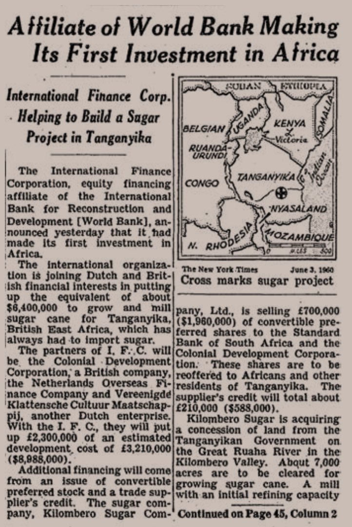 Here’s a 1960 <a href="/nytimes/">The New York Times</a> report announcing <a href="/IFC_org/">IFC</a>’s first investment in Africa: a $2.8 million loan to a sugar enterprise in Tanzania 🇹🇿. Sixty-one years down the line, IFC’s investments in Africa have exceeded $26 billion, creating markets &amp; changing lives.