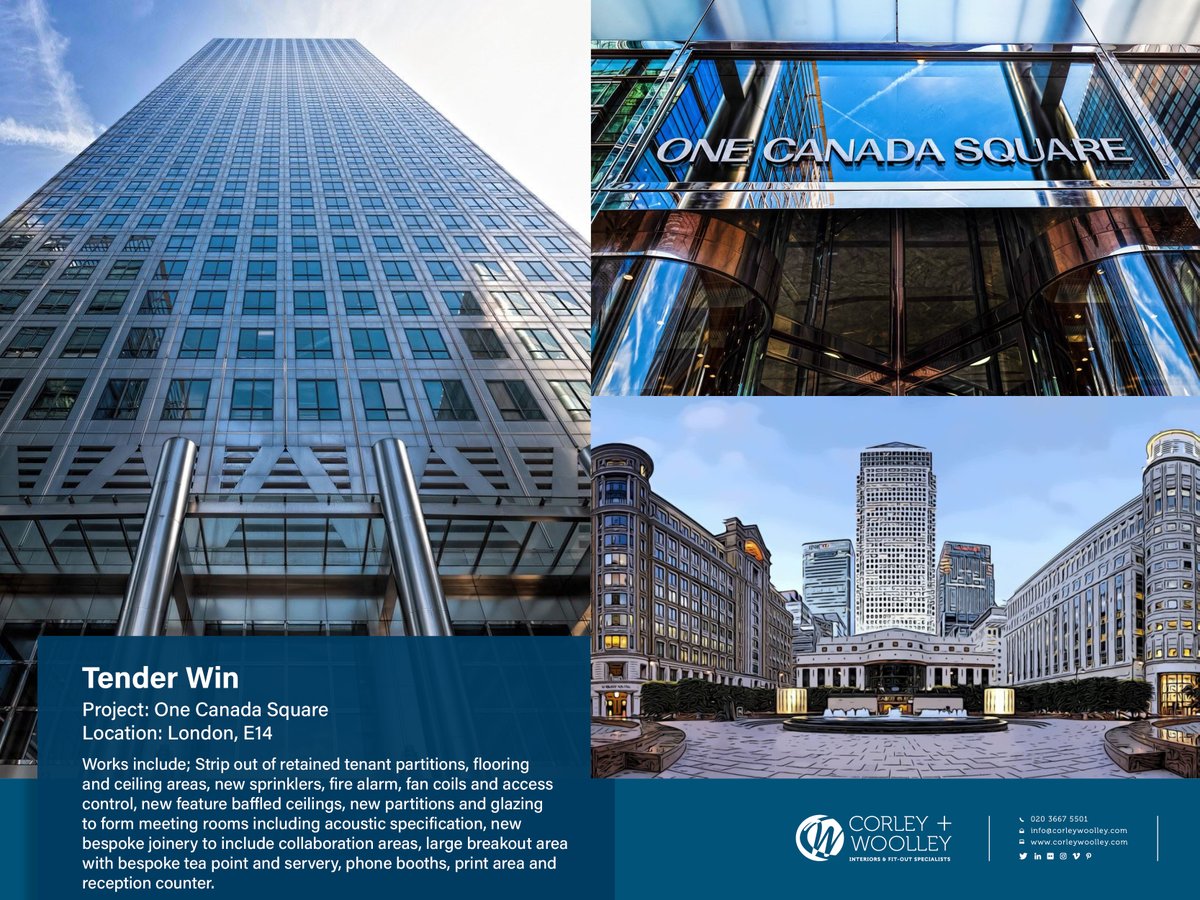 CorleyWoolley's tweet photo. 📢 Tender Win❗ Onsite at One Canada Square, we are thrilled to be working alongside @Savills @wearebdg  @exigere  @chapmanbdsp  on this fantastic CAT B project!

#construction #contractors #loveconstruction https://t.co/DJCEPs9wZW
