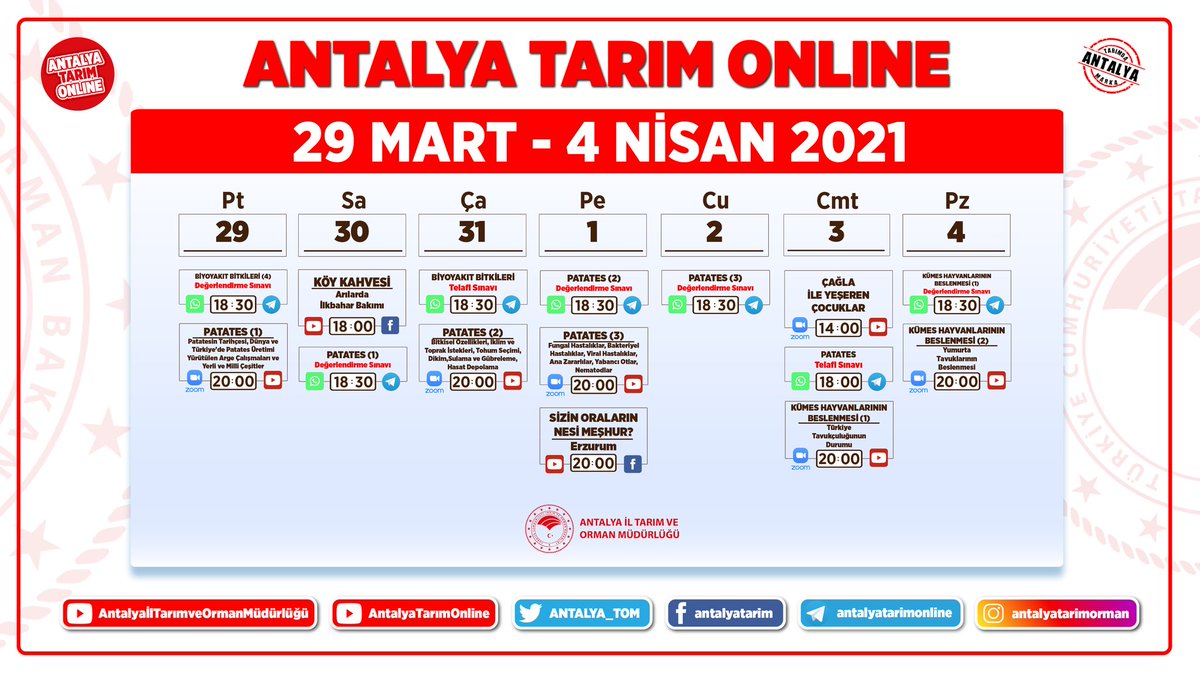 #AntalyaTarımOnline

Müdürlüğümüz Uzaktan Eğitim Faaliyetleri kapsamında 29 Mart-4 Nisan 2021 programımız

Güncel ücretsiz eğitimlerimize kayıt olmak için aşağıdaki linke tıklayınız;

docs.google.com/spreadsheets/d…

#GelecekTarımda
#Antalya

<a href="/gokhankaraca_/">Gökhan Karaca</a> <a href="/ersinyazici1/">Ersin YAZICI</a> <a href="/bekirpakdemirli/">Dr. Bekir Pakdemirli</a>