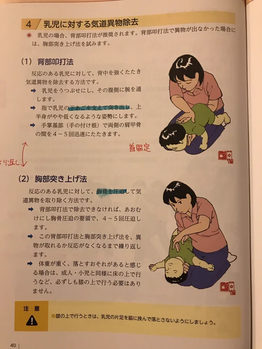 【乳児が異物を喉に詰まらせた時】
①乳児のお腹側に腕を通して股がらせ
手のひらで首を固定する
②肩甲骨の間を手のひらの下の部分で叩く

先日消防署の救命講習に行った際
教えてもらったのでシェアします
とっさの時に動けるように講習を受けておくと良さそう

編集:東京防災救急協会 
