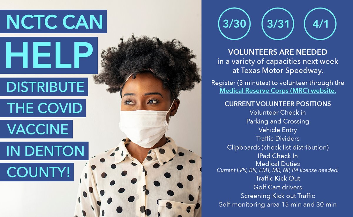 nctcEXstudents's tweet photo. Volunteer Opportunity‼️📣
Help distribute the COVID Vaccine in Denton co! 
Volunteers are needed 3/30, 3/31 &amp; 4/1. 
Sign up today to volunteer➡️https://t.co/lNDF5ov5Hh

#COVID19 #NCTC #Vaccine https://t.co/dGyKAktZYw