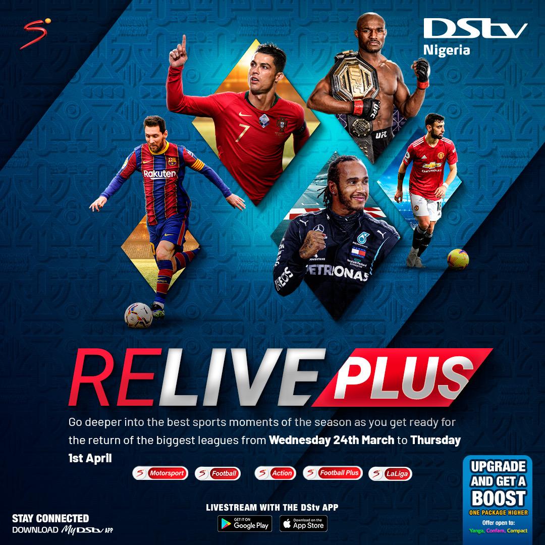 deejayfaremi's tweet photo. This international break is a perfect time to relive all your best sports moments on DStv
Catch the very best of this PL season, UFC, La Liga, Europa League, Formula 1 etc
Download MyDStvApp to renew or upgrade your subscription today
#SSRelivePlus
#WorldsBestFootball
#DStvApp https://t.co/o72UBIcioj