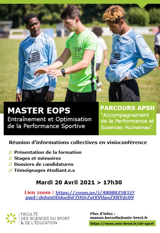 Le Mardi 20 Avril à 17h30, la FSSE organise une réunion d'informations pour présenter le MASTER EOPS (Entraînement et Optimisation de la Performance Sportive) en visioconférence.
facebook.com/events/1096079…