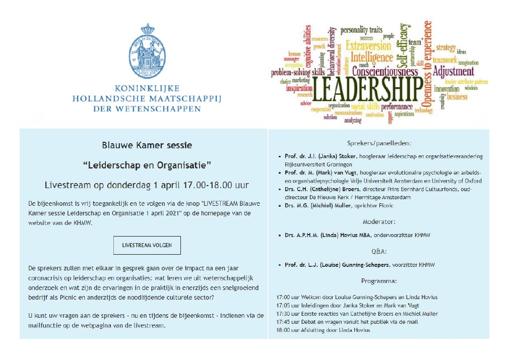 JankaStoker's tweet photo. Eén jaar coronacrisis - wat betekent dit voor leiderschap en organisaties? Wetenschap en praktijk delen hun inzichten in de Blauwe Kamer sessie #KHMW op 1 april a.s., met @markvanvugt1, Cathelijne Broers @Cultuurfonds en @mgmuller (Picnic). Te volgen via: https://t.co/1nxEtBk4gM https://t.co/iixirpHMIn