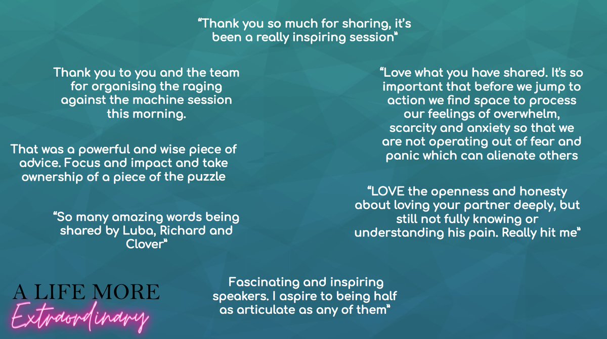 A huge thank you to <a href="/LubaKassova/">Luba Kassova</a> <a href="/RichardACAddy/">Richard Addy</a>  and <a href="/cloverhogan/">Clover Hogan</a> for being on our panel this morning. 

Based on the feedback from our audience, you definitely had a big impact!

alifemoreextraordinary.co.uk