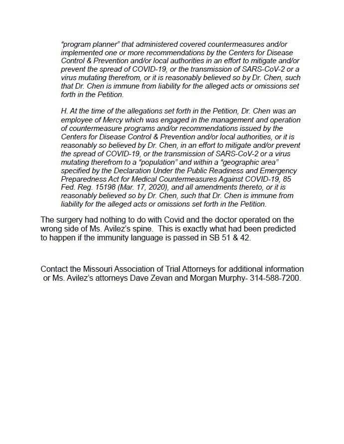 soshimshi's tweet photo. We all agree that healthcare workers deserve praise for their work in fighting COVID. But that work should not be weaponized to protect negligence for NON-COVID related errors at the expense of innocent injured Missourians. 

If no one is accountable, no one is safe. https://t.co/ZztbcfsaZz