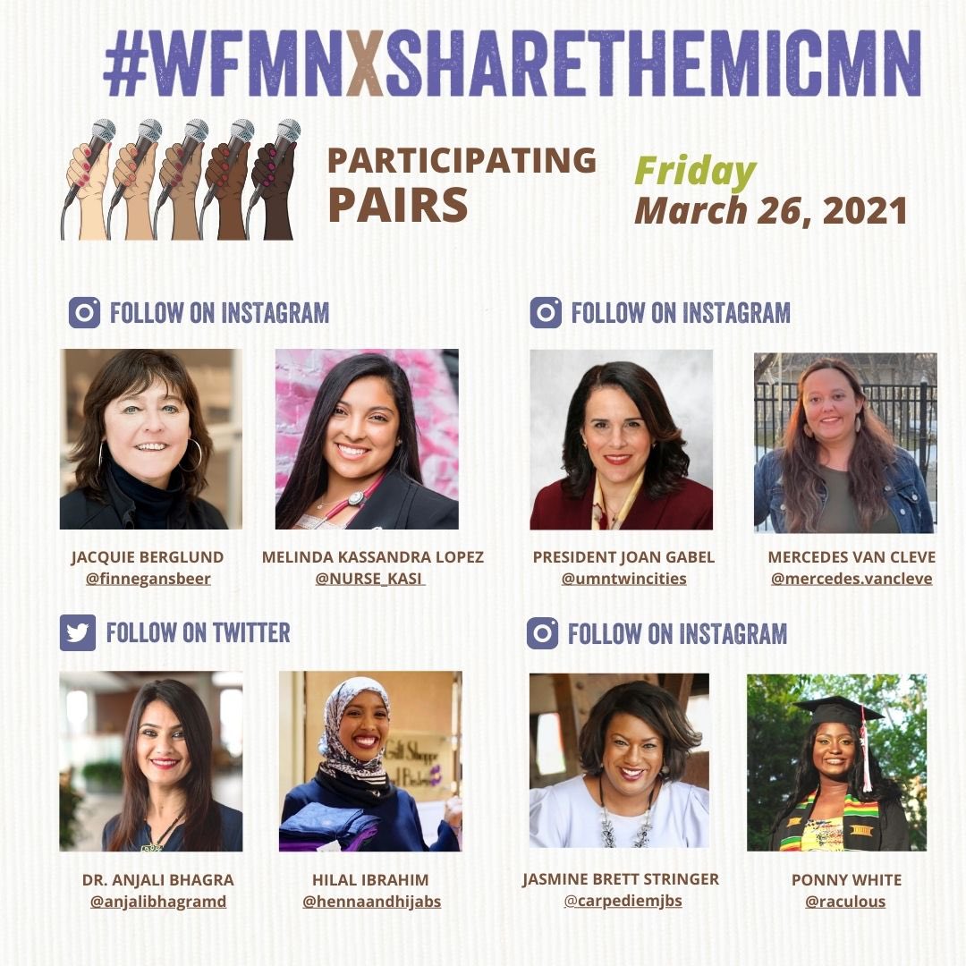We have 9 amazing young leaders "sharing the mics" of 9 committed and passionate leaders from a cross-sector of industries in our state TODAY! Please join and follow the #wfmnxsharethemicmn conversations across all social channels. <a href="/WomensFndnMN/">Women's Foundation of Minnesota</a>