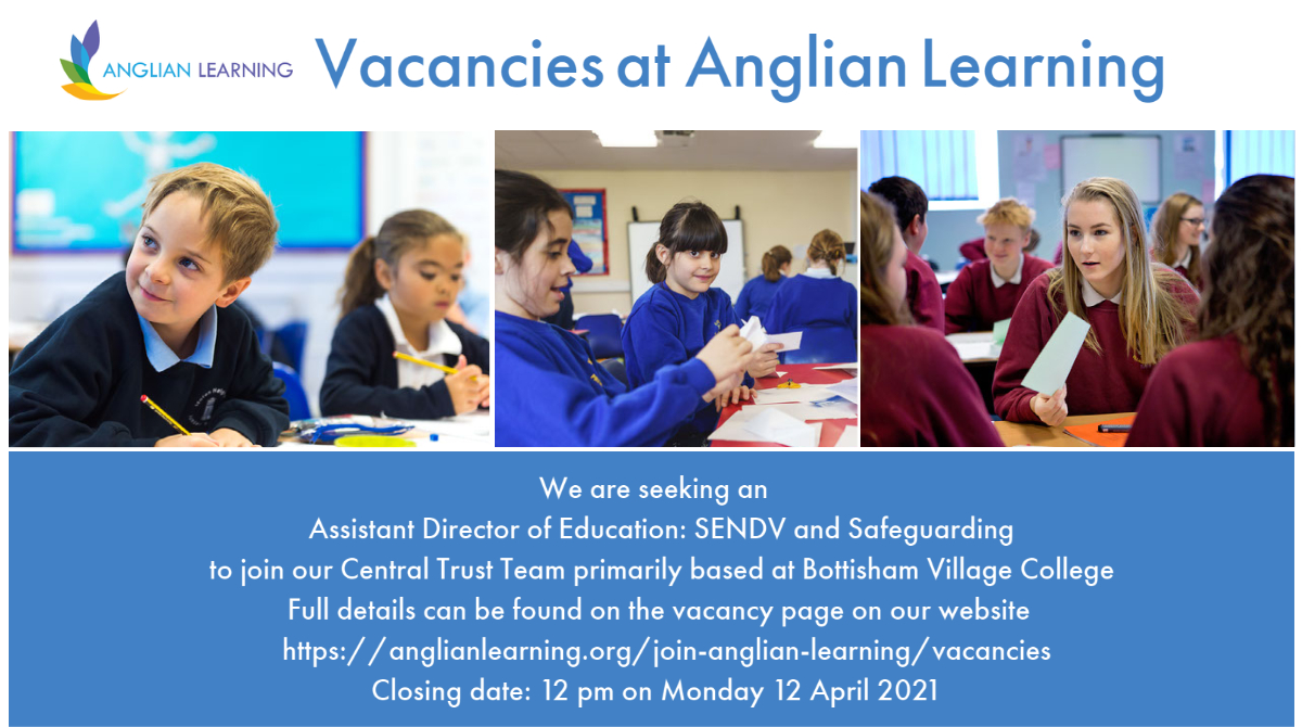 AnglianLearning's tweet photo. An exciting opportunity is available within our Trust Central Team at #AnglianLearning for an Assistant Director of Education: SENDV and Safeguarding - further details and how to apply can be found here: https://t.co/7OfUElHwxm @getintoteaching #Careers https://t.co/9DmasJfGsh