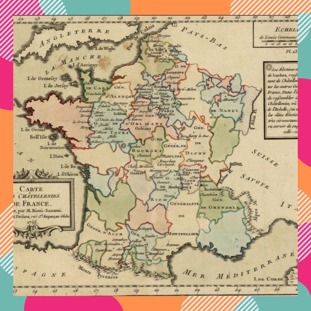 🗺️ #Mapa de les "Châtelleries" de França (1765). Fins a la #Revolució de 1789, França estava dividida en territoris autònoms que, en alguns casos, s'anomenaven #Generalitats: la de Montpeller, la de Tolosa, la de Grenoble...

📌Ampliació: cartotecadigital.icgc.cat/digital/collec…