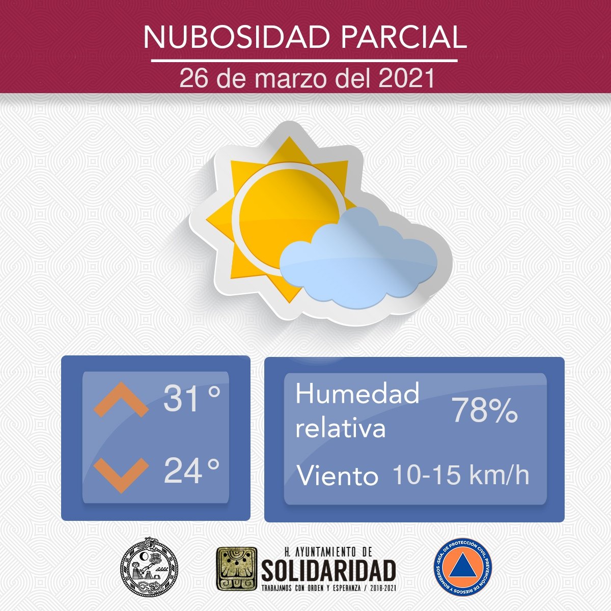#ClimaSolidaridad 🌤️
Para el día de hoy en nuestro municipio se espera una temperatura máxima de 31° y una minima de 24° tendremos un cielo parcialmente nublado. #FelizViernes

Lee el boletín completo en: cutt.ly/7xGKdpG