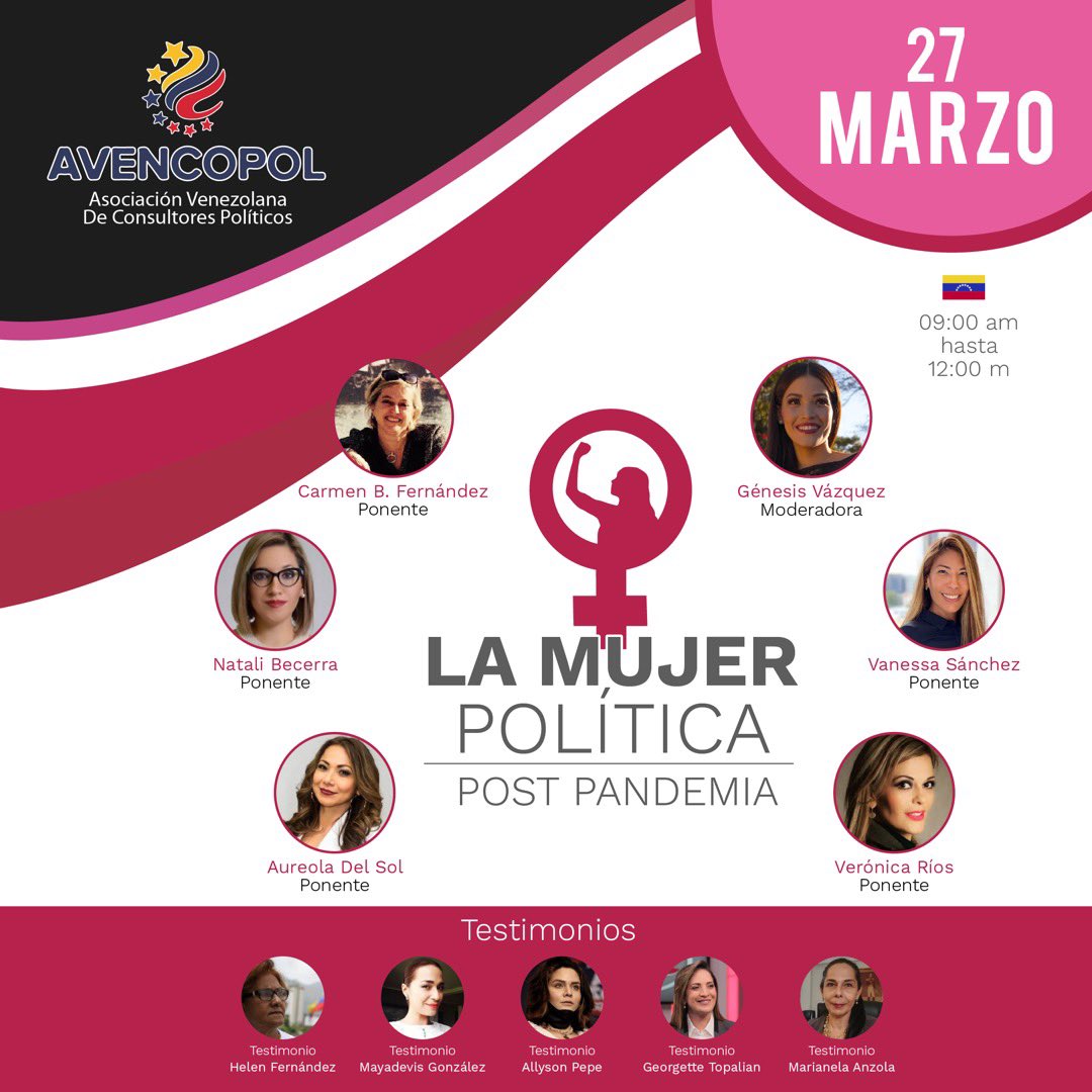 avencopol's tweet photo. #AHORA Iniciamos el evento “La Mujer política postpandemia” que organizamos desde la @avencopol por zoom #26Mar https://t.co/3g0UoFSmG3