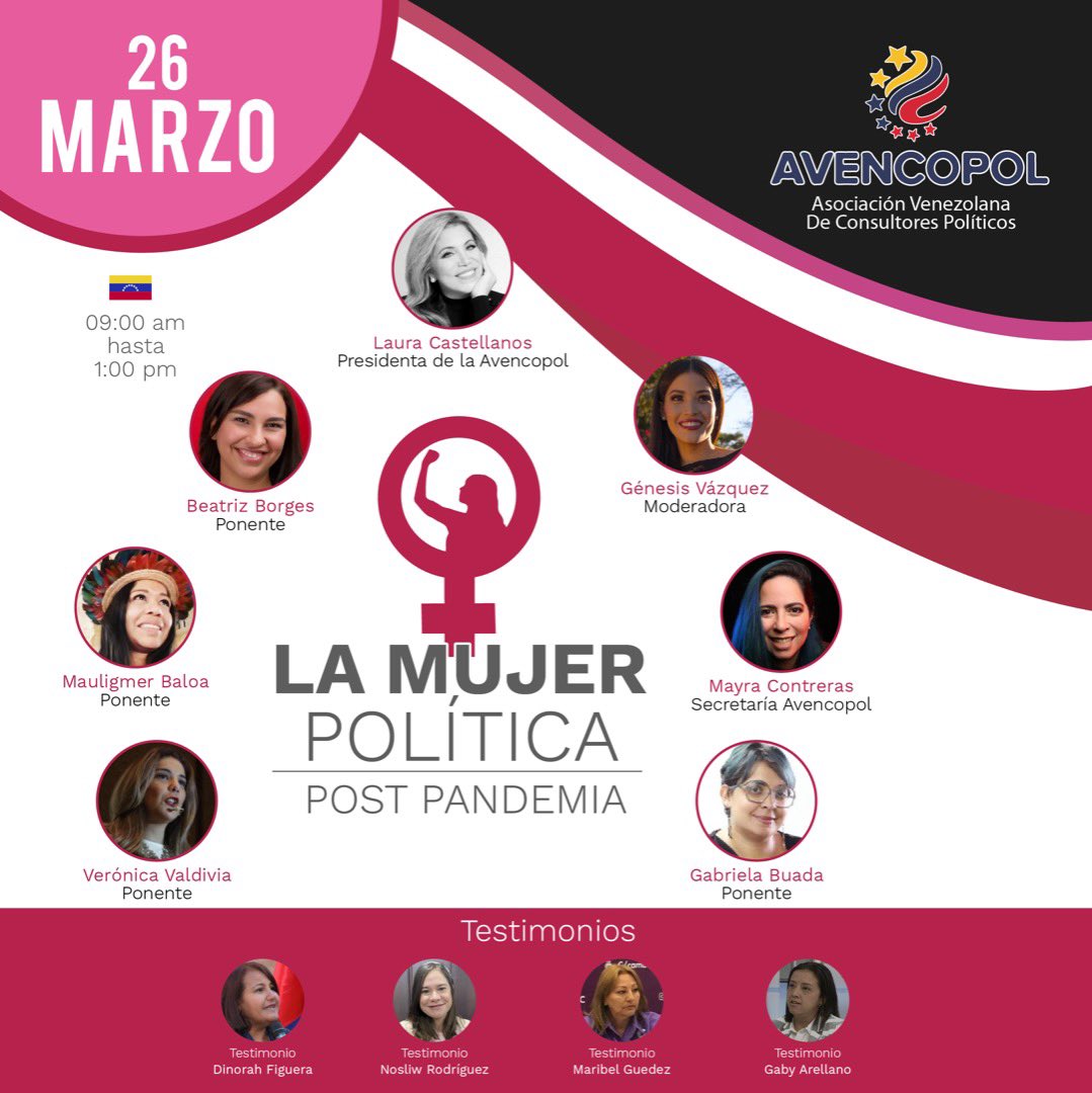 avencopol's tweet photo. #AHORA Iniciamos el evento “La Mujer política postpandemia” que organizamos desde la @avencopol por zoom #26Mar https://t.co/3g0UoFSmG3