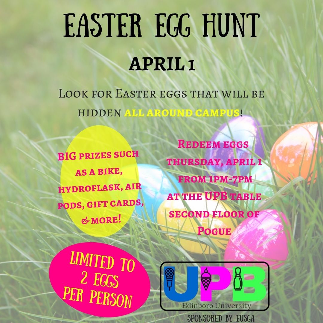 EdinboroUPB's tweet photo. Get ready for our Easter egg hunt on April 1st!! Lots of opportunity for candy and big prizes! 🐰🎁 #GoBoro https://t.co/r3R948jVyg