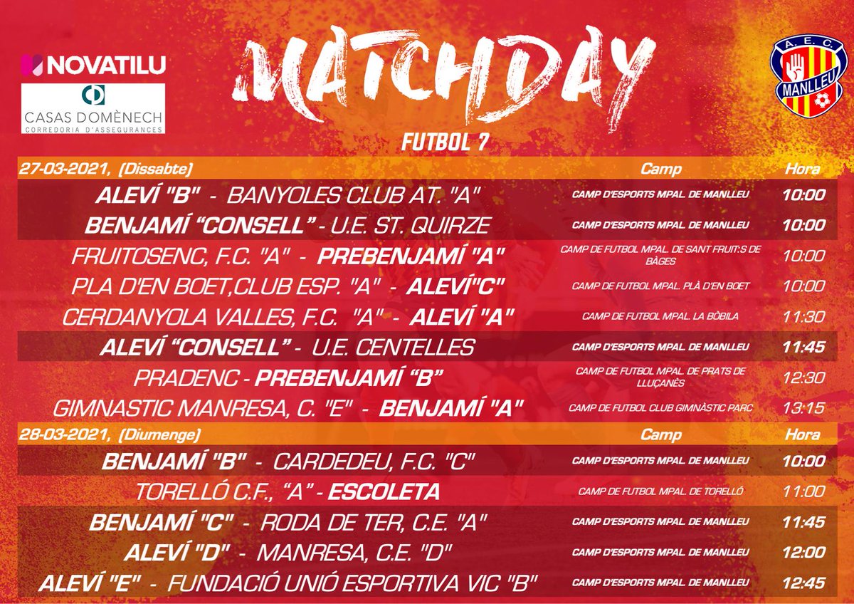 AECManlleu's tweet photo. [MATCHDAY]

Agafeu paper i boli!😜 Aquí teniu tots els partits d'aquest cap de setmana🖊️⚽️

🔴🟡#SomdelManlleu #AECManlleu https://t.co/adSA35MK0r