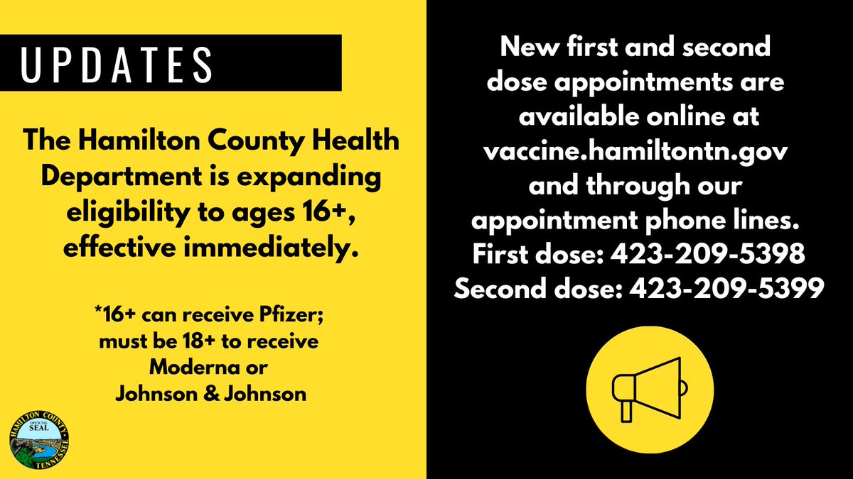 HamiltonHealth's tweet photo. **FOR IMMEDIATE RELEASE**
March 26, 2021

Health Department Expands COVID-19 Vaccine Eligibility to Include All Residents 16 and Up Effective Immediately; Additional First and Second Dose COVID-19 Vaccine Appointments Available

Link: https://t.co/0IOpznraZd https://t.co/05mSXBBoyv